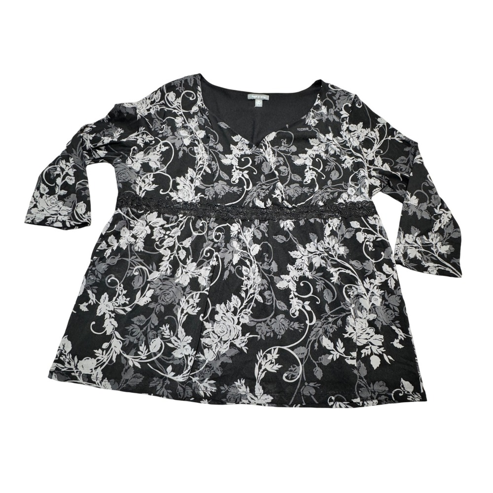 Apt 9 Floral Mesh Overlay Blouse Womens 2X Black Grey Sheer Sleeve Whimsygoth